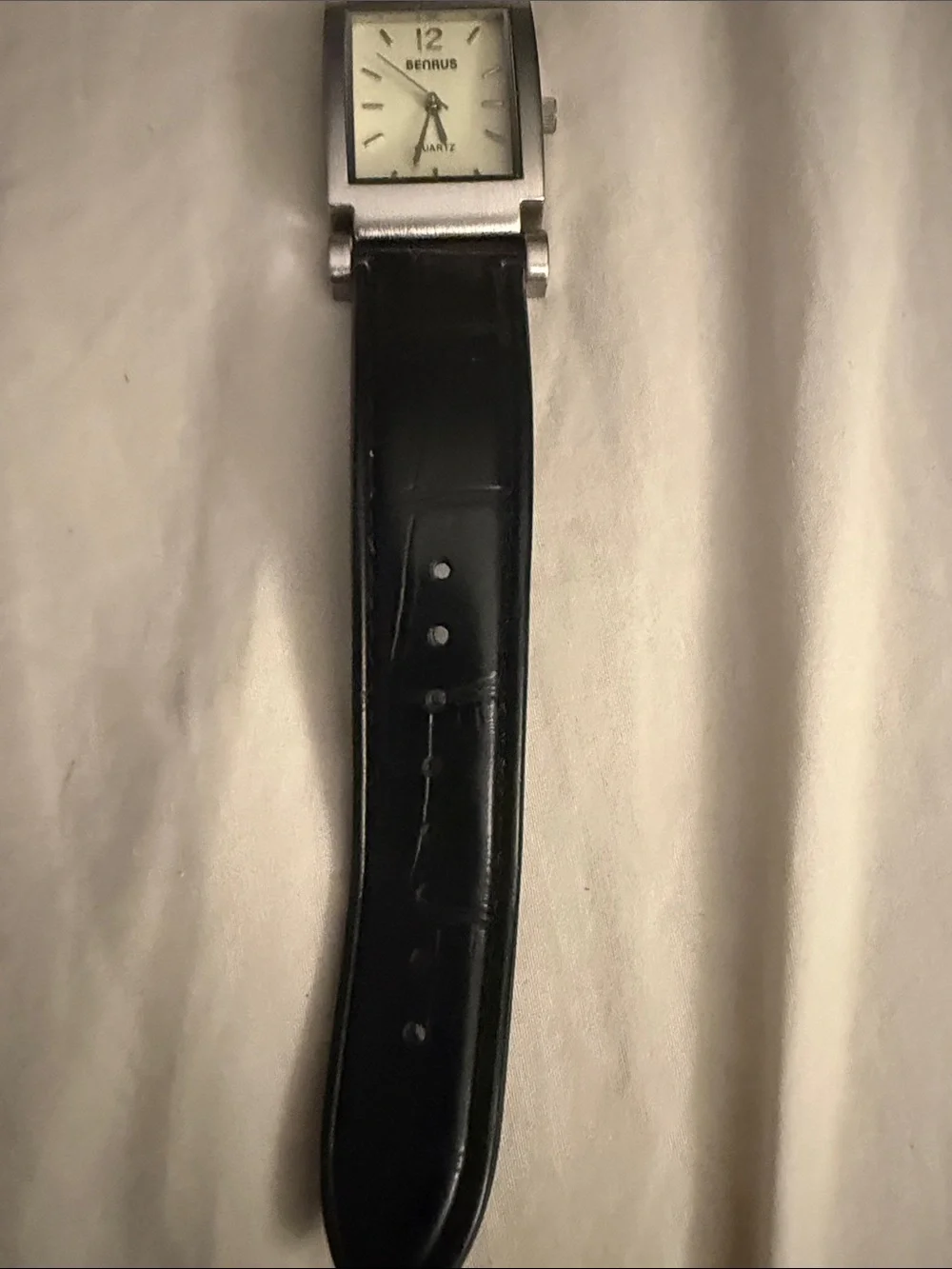Benrus Quartz Analog Rectangle Stainless Steel Silver Black Leather White Dial